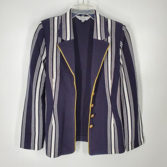 Exclusively Misook Navy White Stripe Collared Button Down Blazer Jacket S - Picture 1 of 9